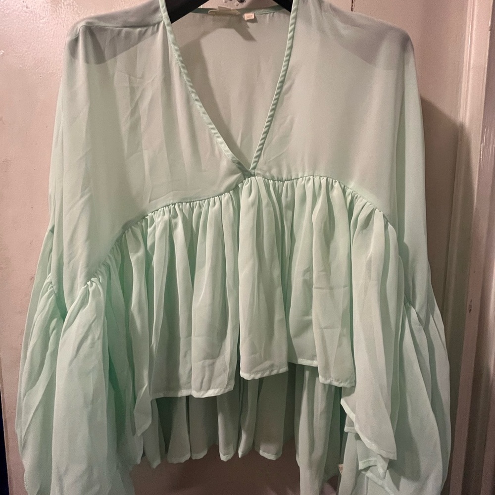 Women's Mint Green V-Neck Ruffled Blouse